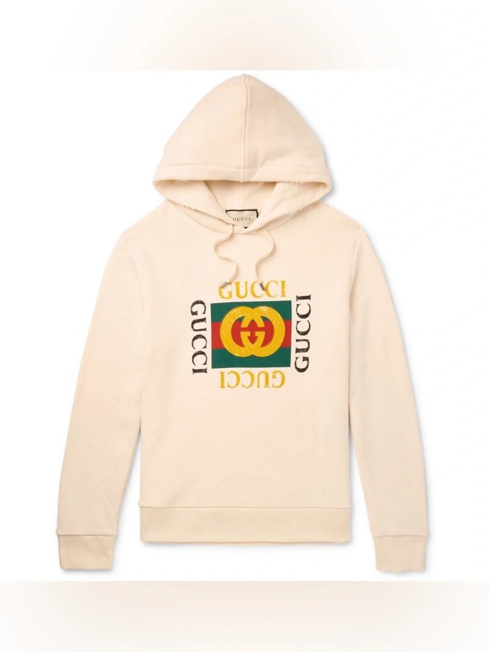 Vintage Gucci Hoodie Distressed Cream Logo Printed Loopback Cotton Size: Small
